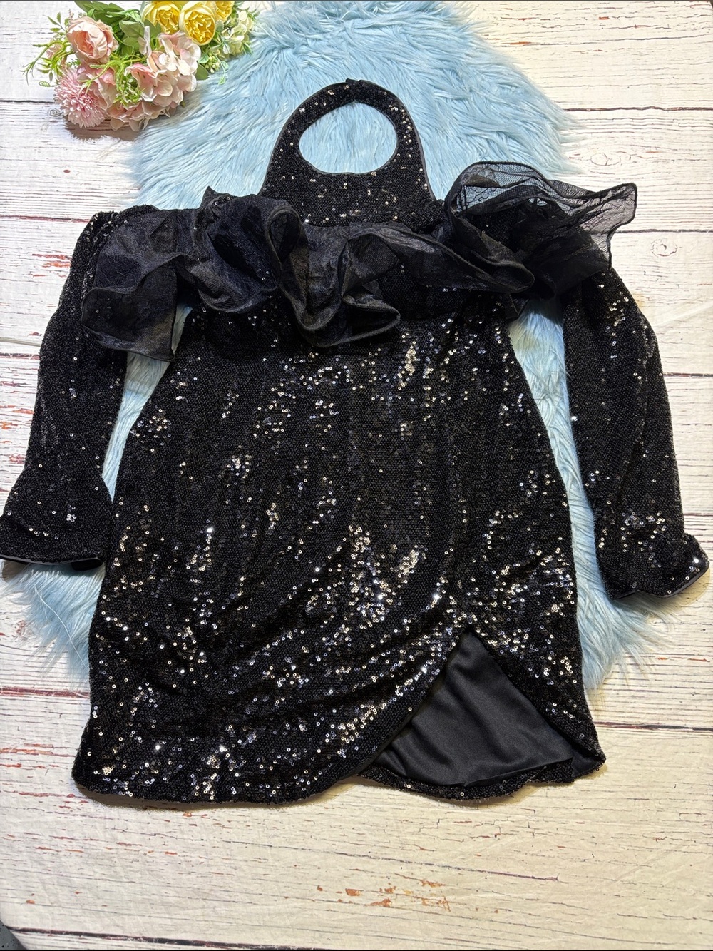 ASOS Luxe Black Sequin Halter Ruffle Long Sleeve Mini Dress sz 10